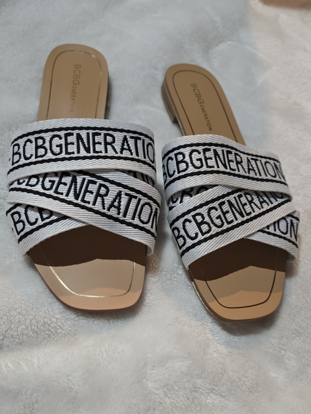 BCBGeneration White Logo Crossband Slide Sandals